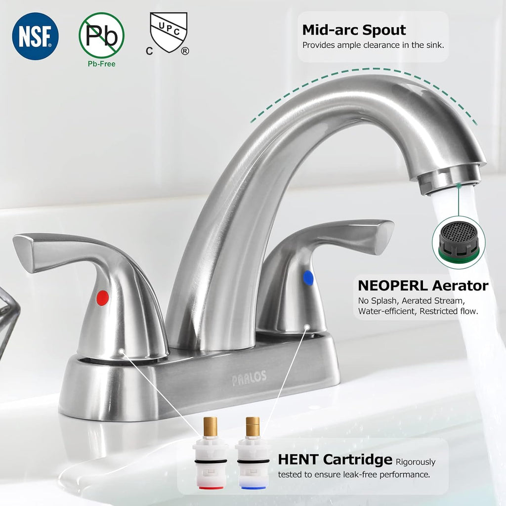Bathroom Sink Faucet 4 Inch Centerset for Vanity, Brushed Nickel | Mid Arc, 2 Handle Lead-Free Deck Mount Bathroom Faucet with Pop up Drain Supply Lines, for 2 or 3 Hole Lavatory Utility Sink