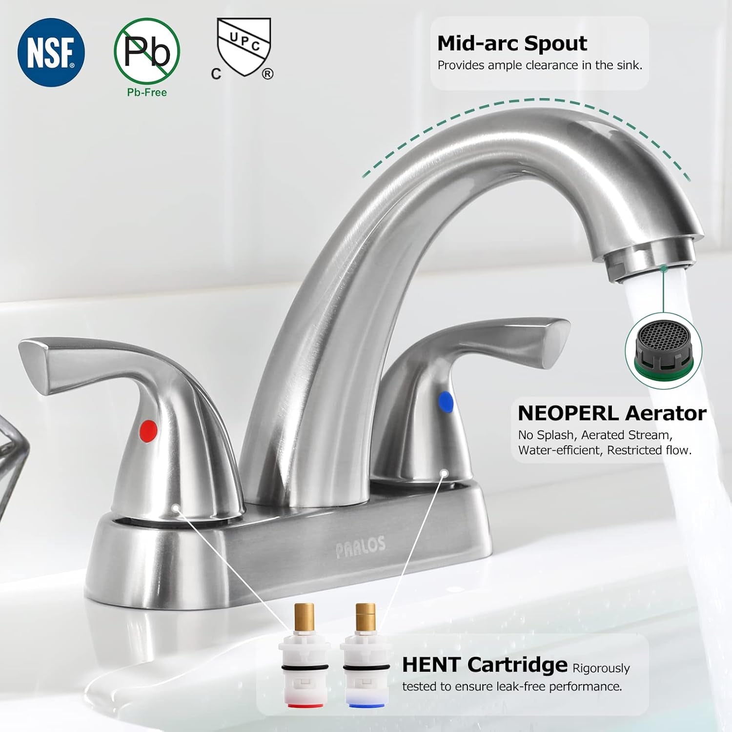 Bathroom Sink Faucet 4 Inch Centerset for Vanity, Brushed Nickel | Mid Arc, 2 Handle Lead-Free Deck Mount Bathroom Faucet with Pop up Drain Supply Lines, for 2 or 3 Hole Lavatory Utility Sink