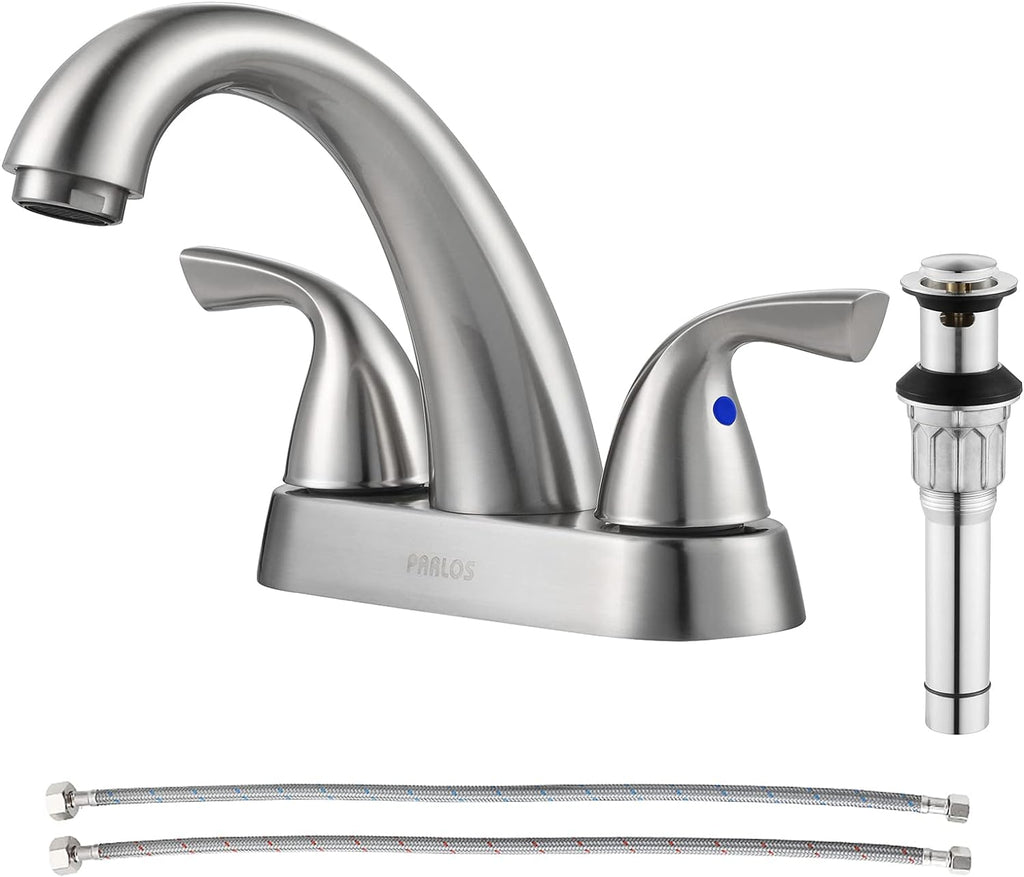 Bathroom Sink Faucet 4 Inch Centerset for Vanity, Brushed Nickel | Mid Arc, 2 Handle Lead-Free Deck Mount Bathroom Faucet with Pop up Drain Supply Lines, for 2 or 3 Hole Lavatory Utility Sink