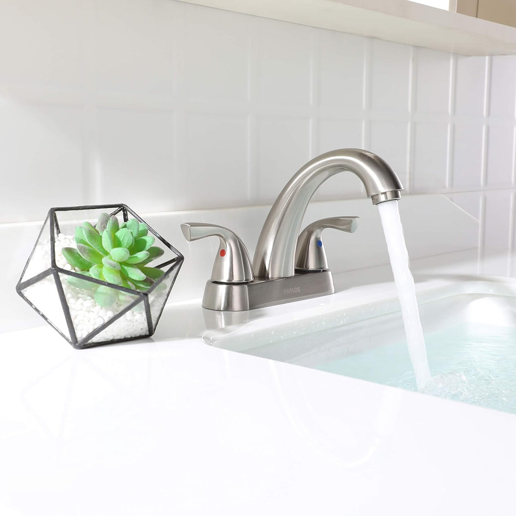 Bathroom Sink Faucet 4 Inch Centerset for Vanity, Brushed Nickel | Mid Arc, 2 Handle Lead-Free Deck Mount Bathroom Faucet with Pop up Drain Supply Lines, for 2 or 3 Hole Lavatory Utility Sink