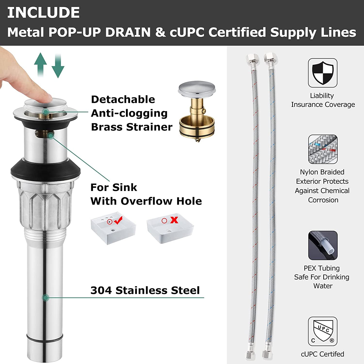 Bathroom Sink Faucet 4 Inch Centerset for Vanity, Brushed Nickel | Mid Arc, 2 Handle Lead-Free Deck Mount Bathroom Faucet with Pop up Drain Supply Lines, for 2 or 3 Hole Lavatory Utility Sink
