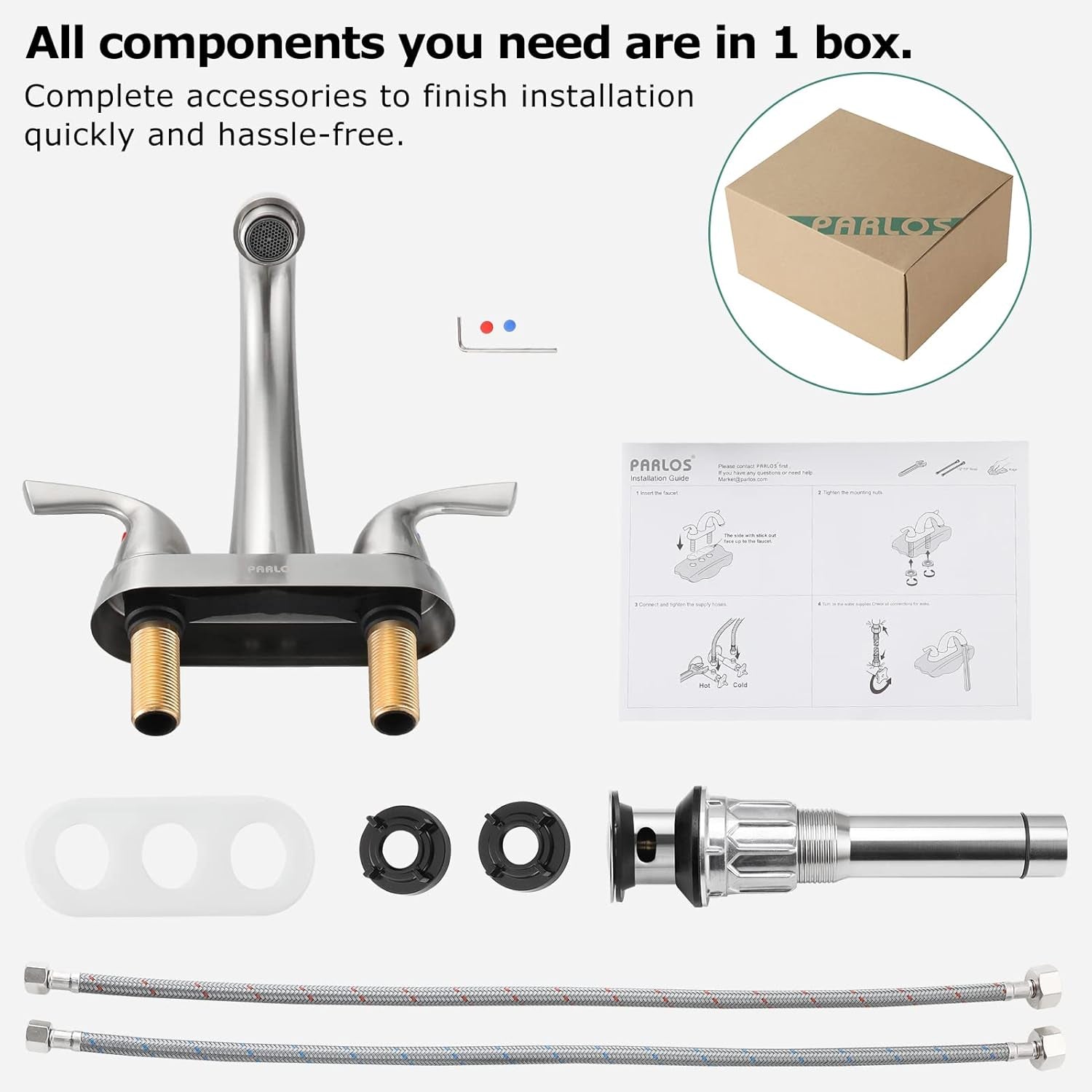 Bathroom Sink Faucet 4 Inch Centerset for Vanity, Brushed Nickel | Mid Arc, 2 Handle Lead-Free Deck Mount Bathroom Faucet with Pop up Drain Supply Lines, for 2 or 3 Hole Lavatory Utility Sink