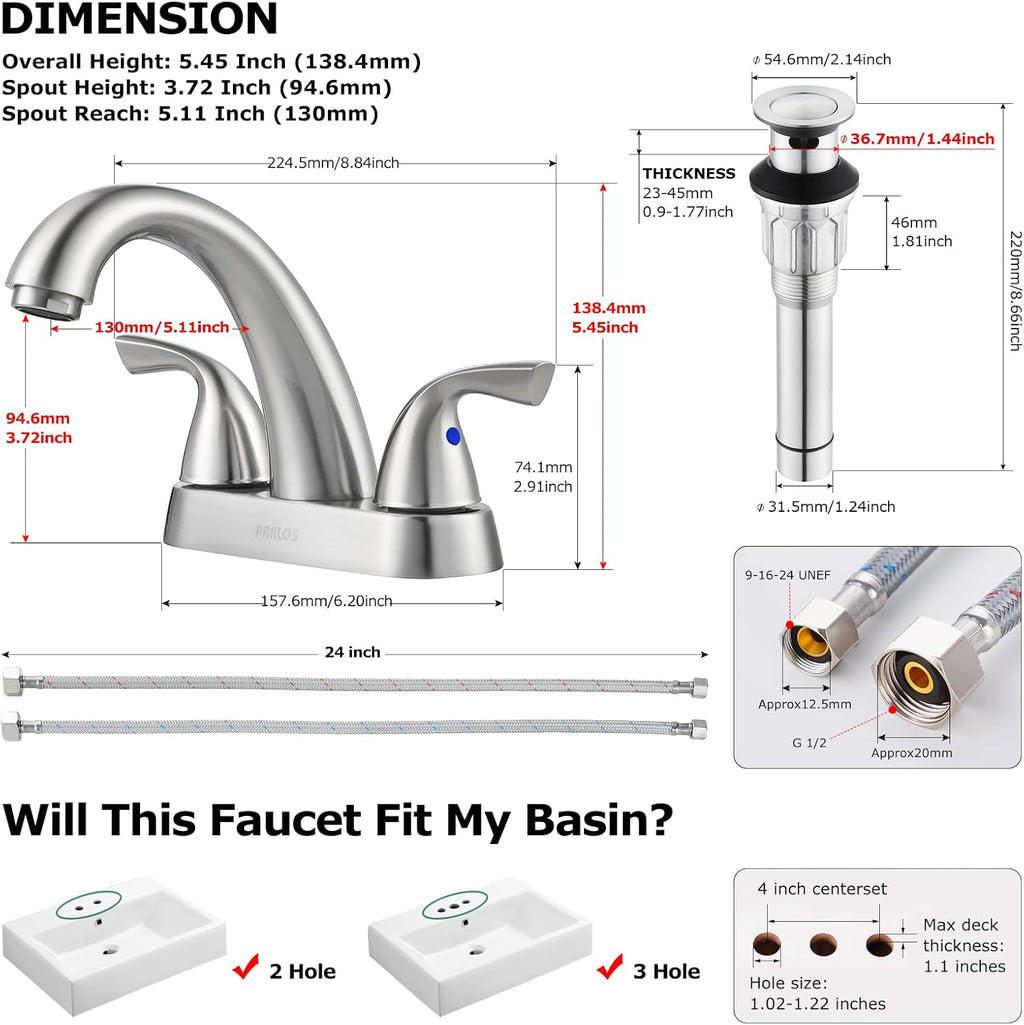 Bathroom Sink Faucet 4 Inch Centerset for Vanity, Brushed Nickel | Mid Arc, 2 Handle Lead-Free Deck Mount Bathroom Faucet with Pop up Drain Supply Lines, for 2 or 3 Hole Lavatory Utility Sink