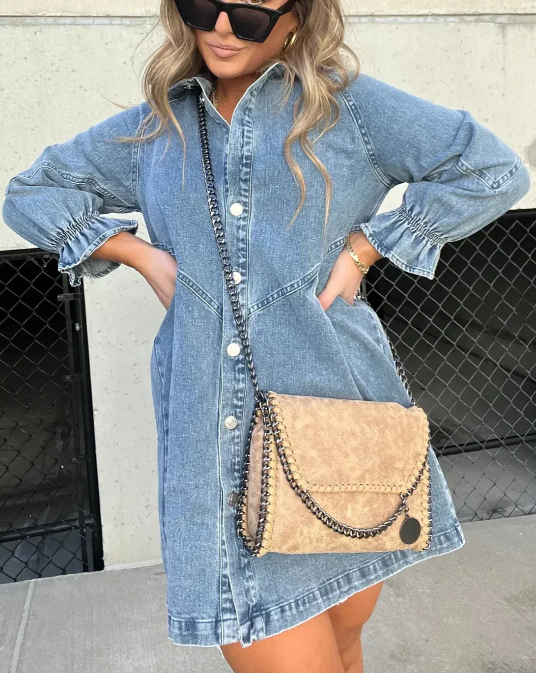 Abito Corto in Denim Da Donna Con Maniche Lunghe – Abito Camicia a Trapezio Con Chiusura Frontale Con Bottoni
