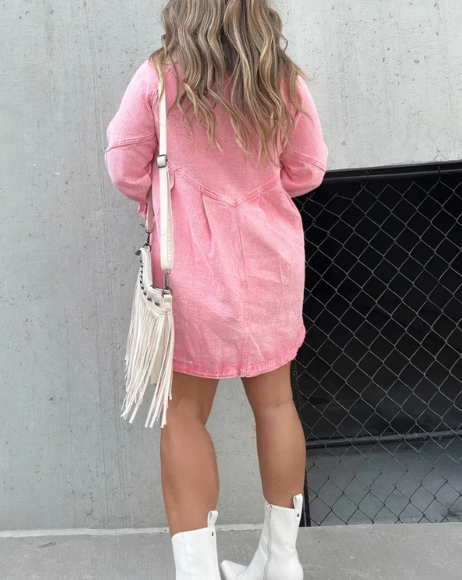 Abito Corto in Denim Da Donna Con Maniche Lunghe – Abito Camicia a Trapezio Con Chiusura Frontale Con Bottoni
