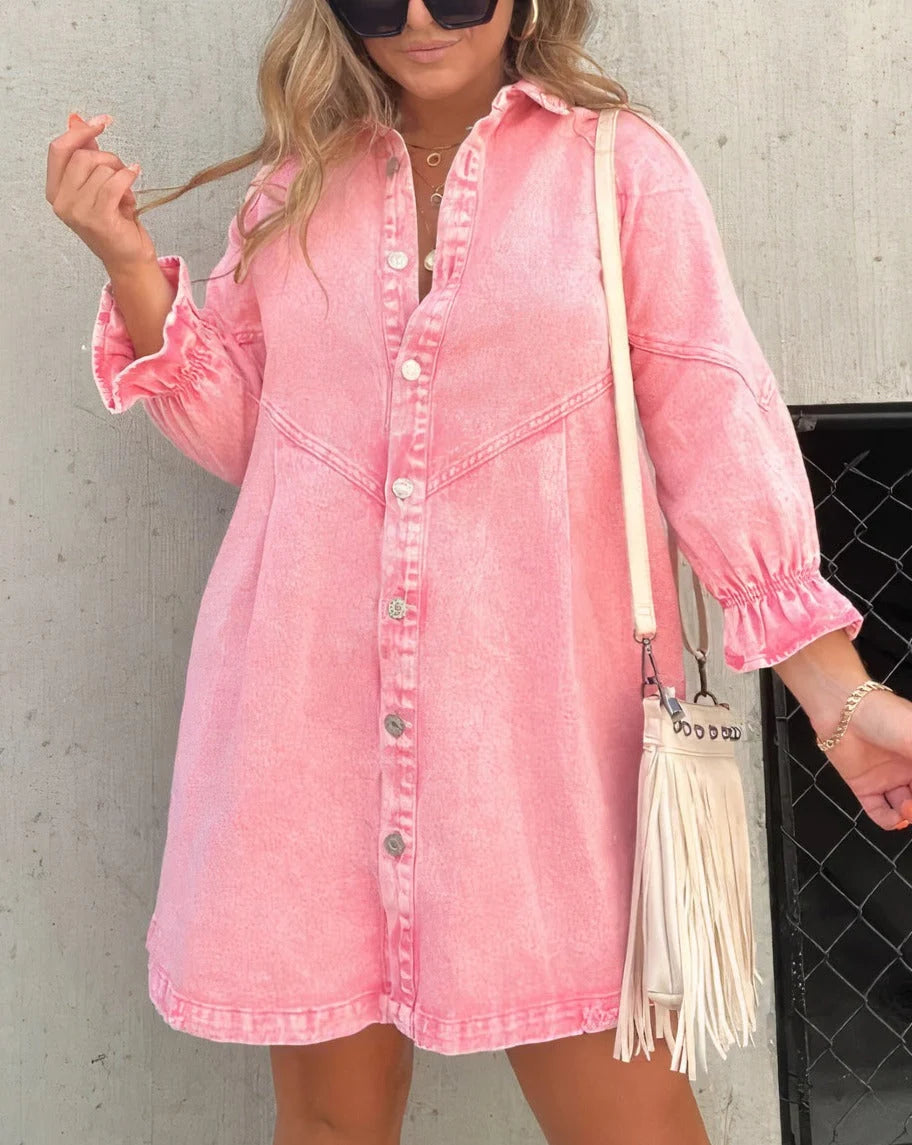 Abito Corto in Denim Da Donna Con Maniche Lunghe – Abito Camicia a Trapezio Con Chiusura Frontale Con Bottoni