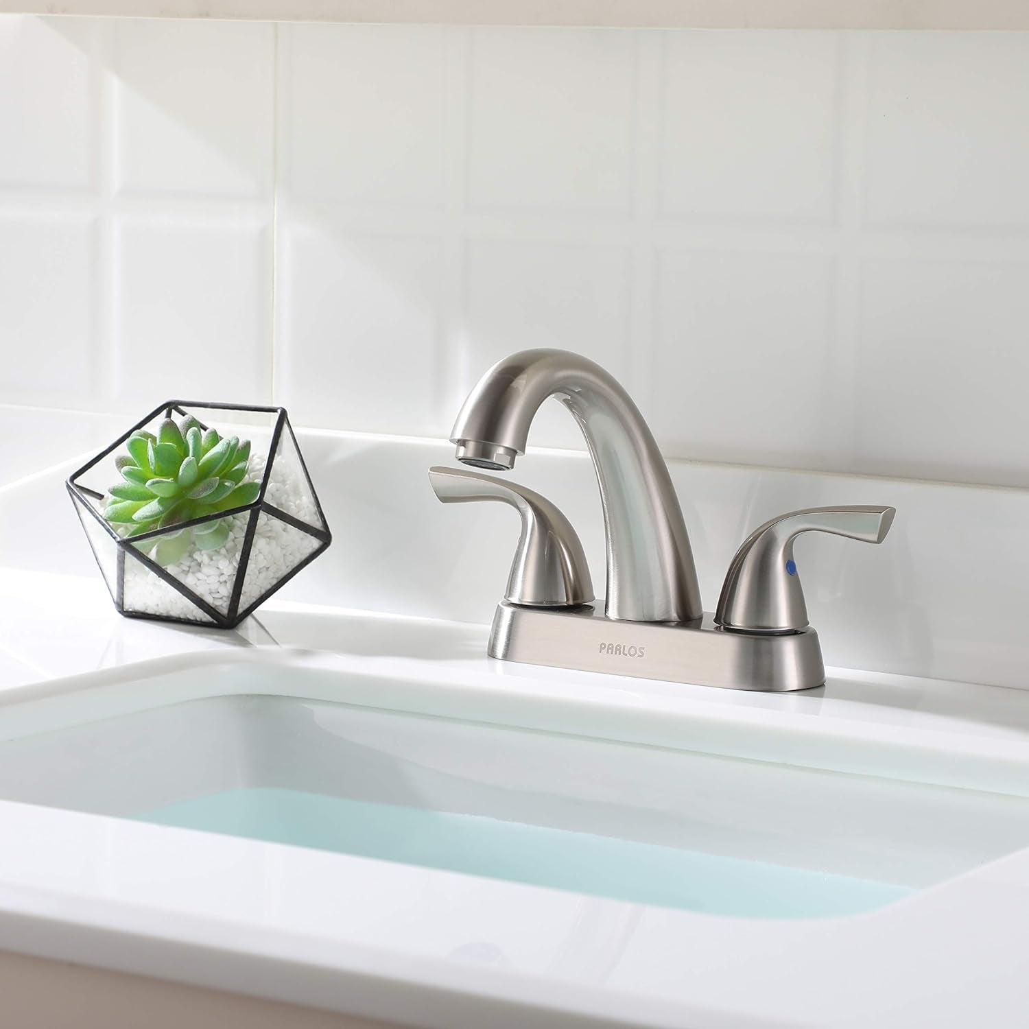 Bathroom Sink Faucet 4 Inch Centerset for Vanity, Brushed Nickel | Mid Arc, 2 Handle Lead-Free Deck Mount Bathroom Faucet with Pop up Drain Supply Lines, for 2 or 3 Hole Lavatory Utility Sink