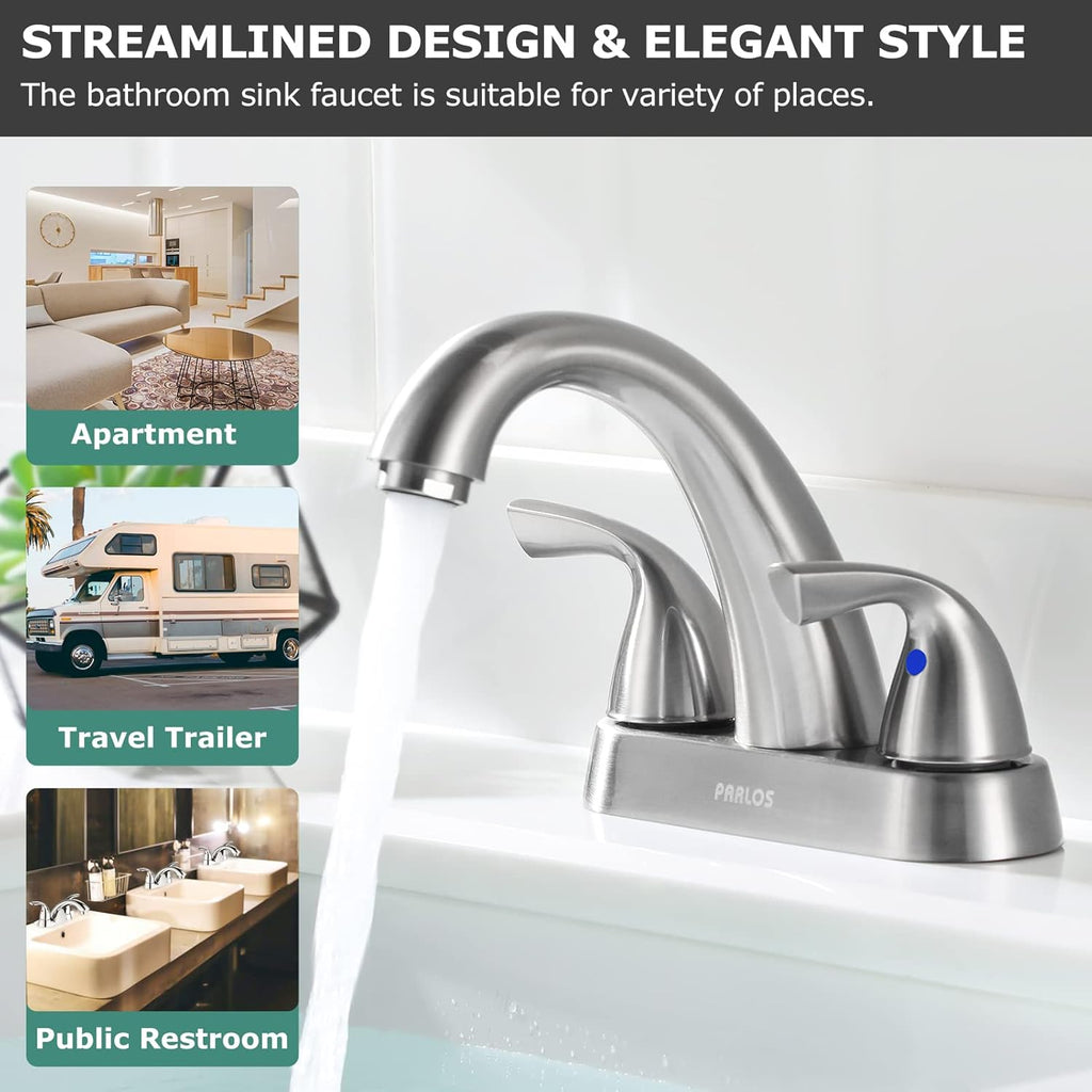 Bathroom Sink Faucet 4 Inch Centerset for Vanity, Brushed Nickel | Mid Arc, 2 Handle Lead-Free Deck Mount Bathroom Faucet with Pop up Drain Supply Lines, for 2 or 3 Hole Lavatory Utility Sink